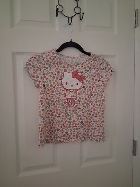Hello Kitty White Tee with Pink Bow and Multicolor Floral Pattern